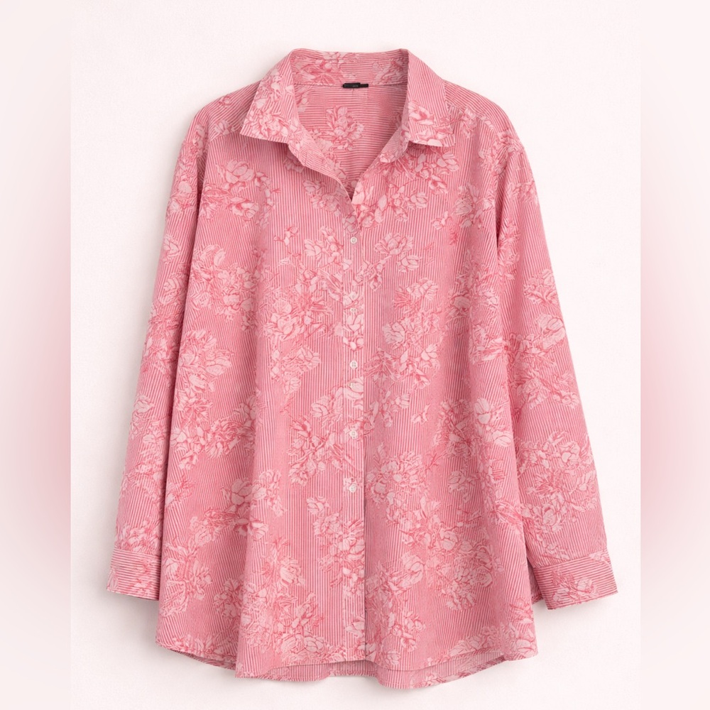 Roaman's Pink Striped Floral Blouse